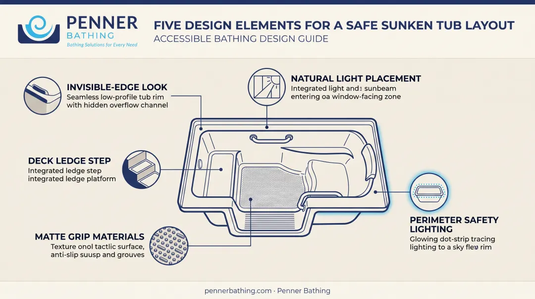 Sunken tub safety design elements including lighting grip and step edges