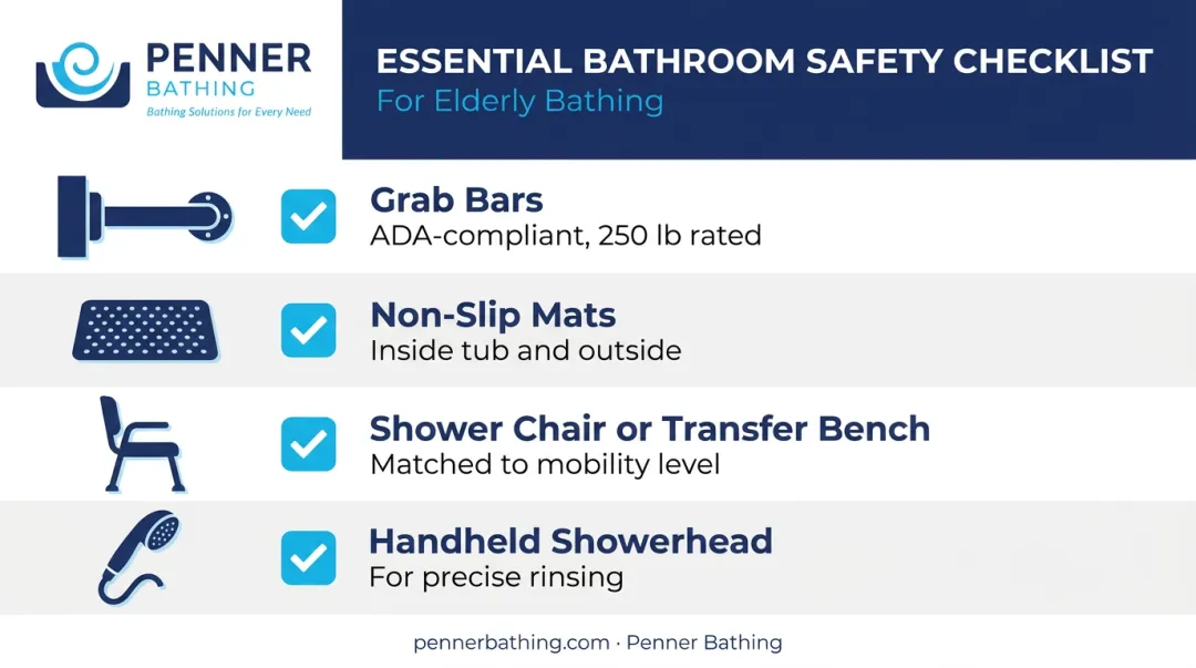 Bathroom safety equipment checklist for elderly bathing including grab bars and non-slip mats