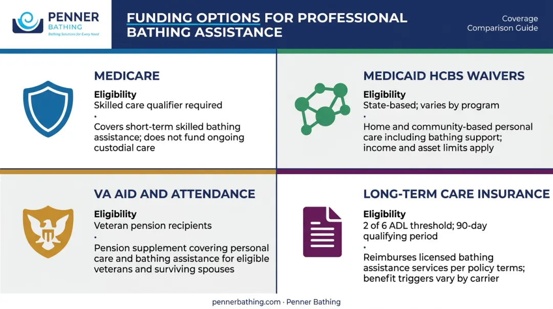 Four funding options for professional elderly bathing assistance Medicare Medicaid VA insurance