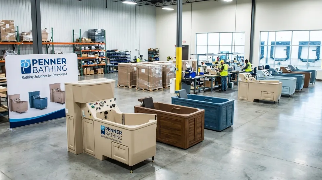 Medical equipment manufacturing facility showroom with bathing systems for long-term care