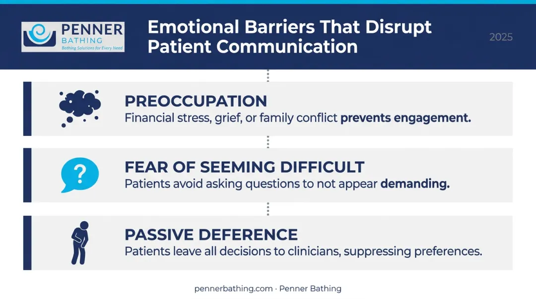 Three emotional barriers blocking effective caregiver patient communication infographic