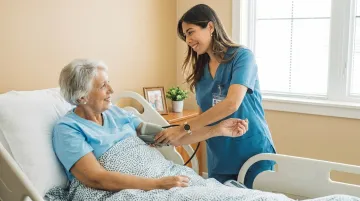 Skilled nursing facility hallway with nursing staff attending to elderly patient care