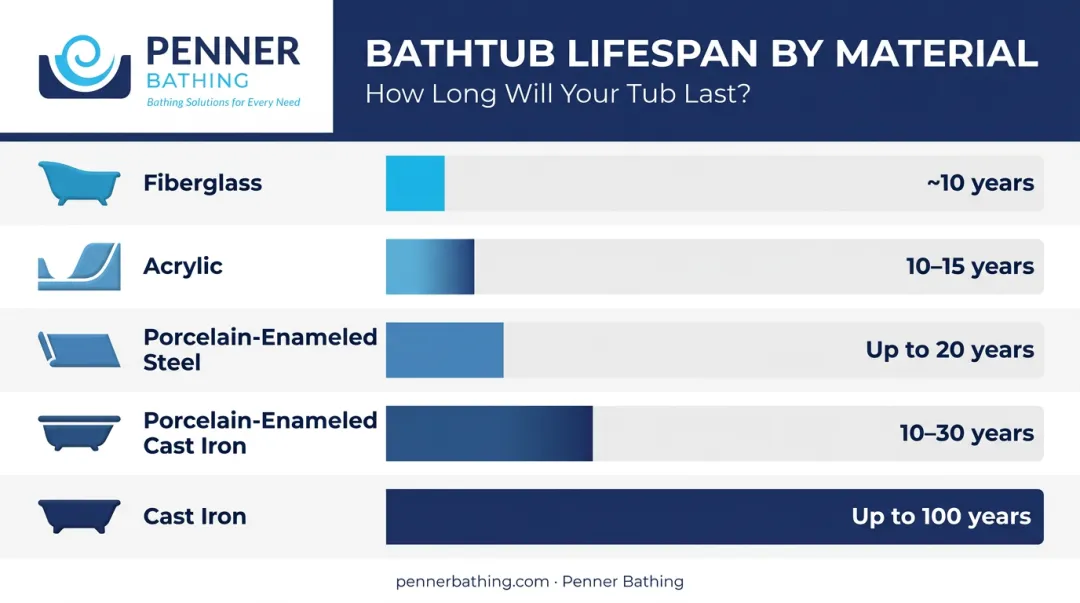 Bathtub material lifespan comparison chart from fiberglass to cast iron