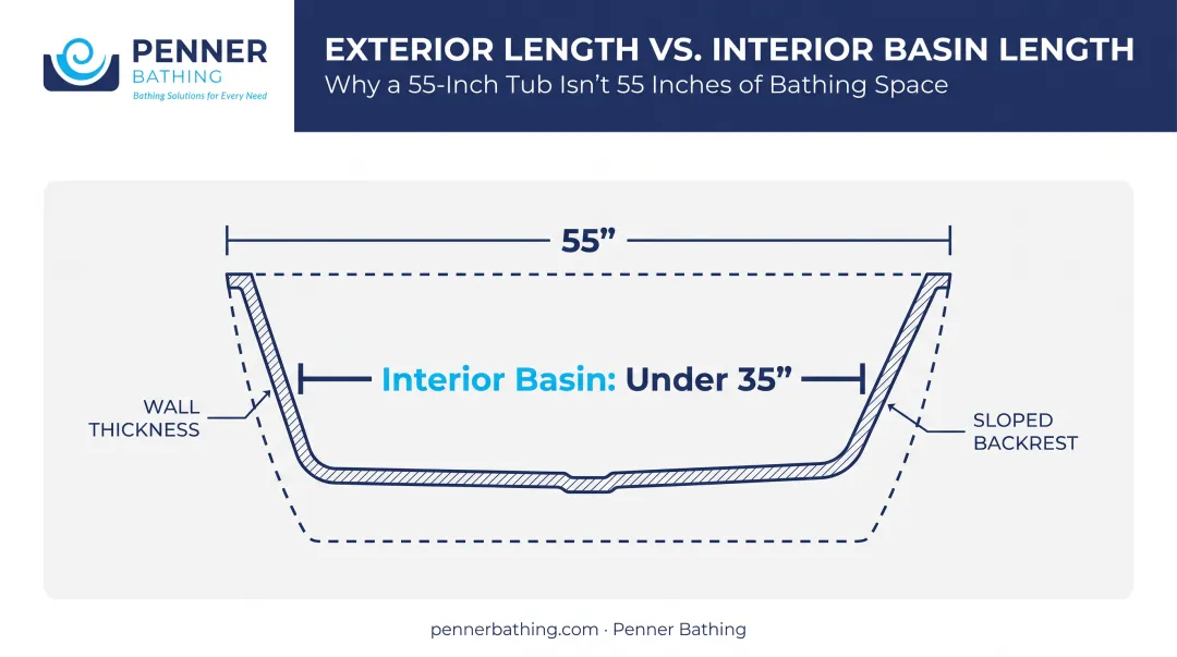 Freestanding tub exterior versus interior basin length comparison diagram