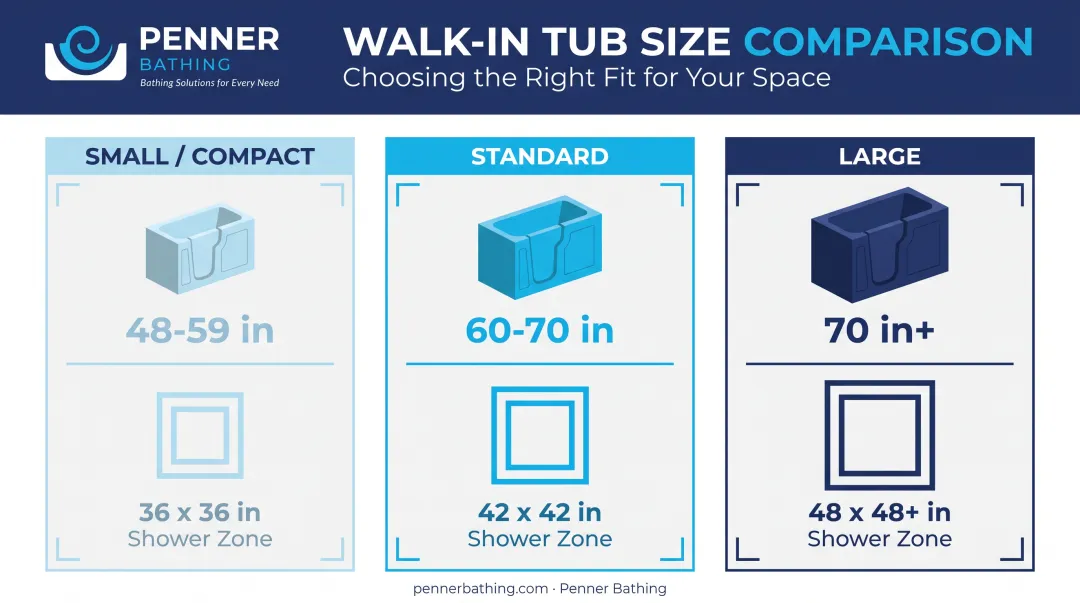 Comparison chart of small standard and large tub dimensions with shower zone sizes