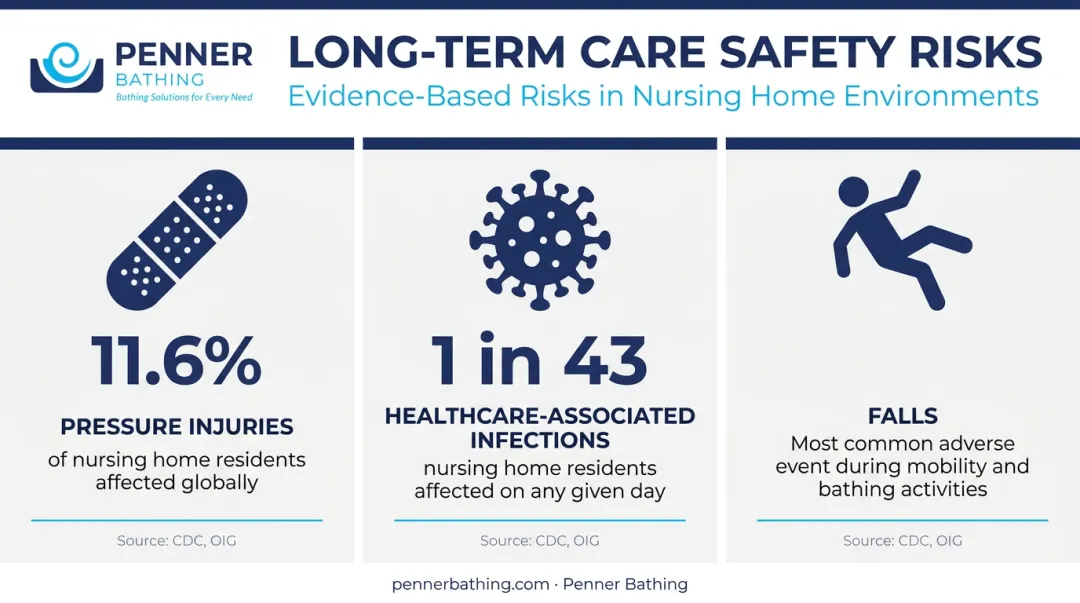 Long-term care resident safety statistics showing falls HAIs and pressure injury rates