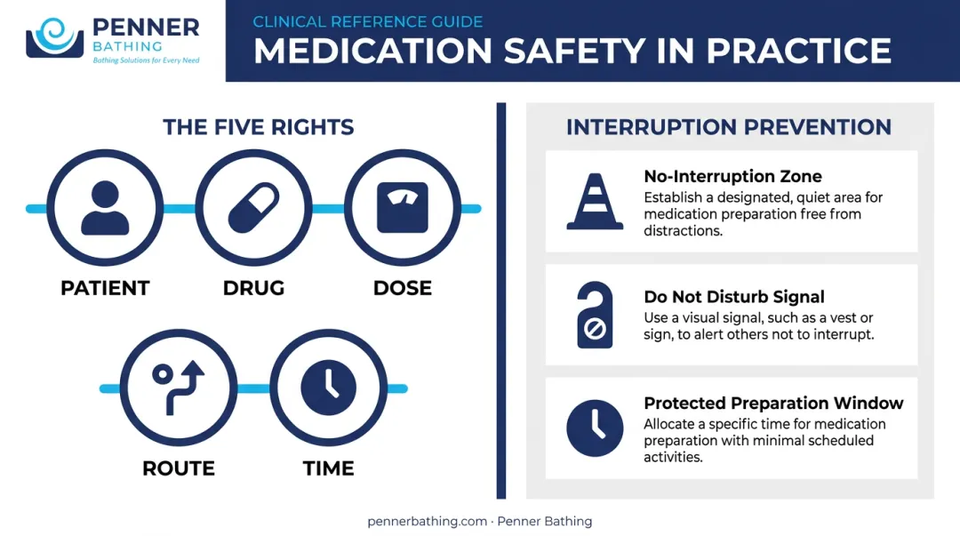 Medication safety five rights and interruption prevention strategies process infographic