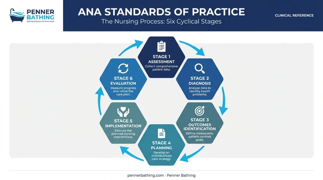 Six ANA nursing standards of practice process flow from assessment to evaluation