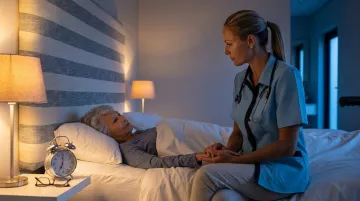 Registered nurse monitoring elderly dementia patient in assisted living facility at night