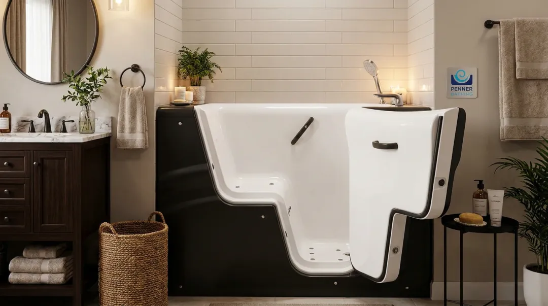 Dream Spa Walk-In Bath showing swing-out door handheld shower wand and heated seat