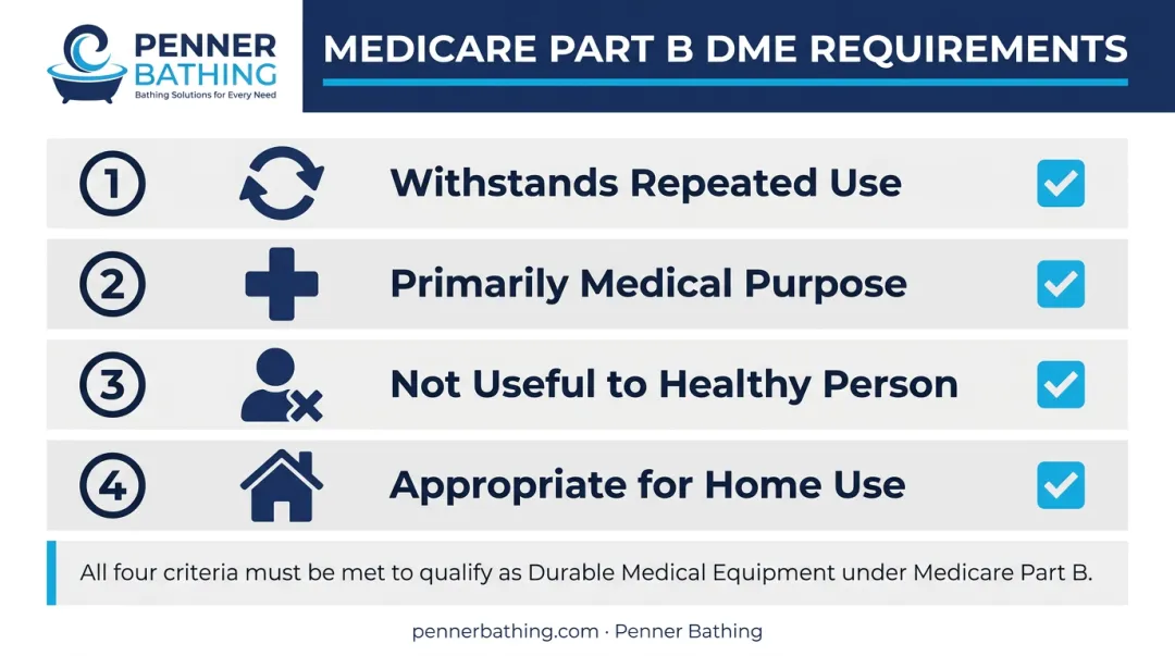 Four Medicare DME qualification criteria checklist infographic for coverage eligibility