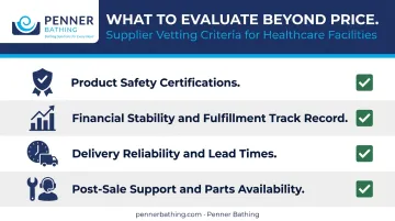 Healthcare supplier vetting criteria checklist infographic with four evaluation categories