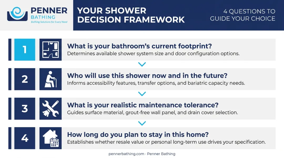 Four-question decision framework for choosing the right walk-in shower type