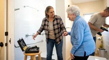 Nonprofit volunteer team installing accessibility grab bars and shower modifications in senior home