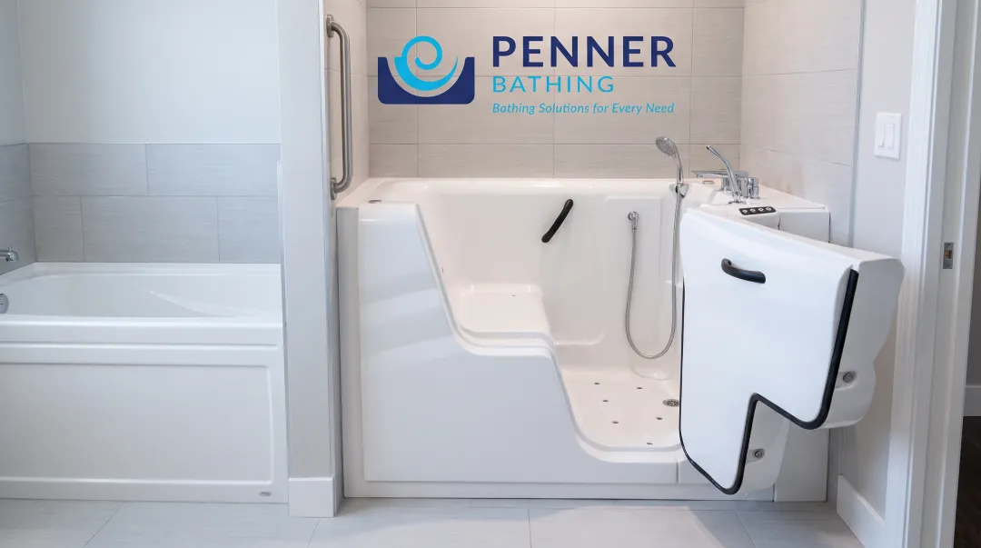 Walk-in tub with low-threshold swing door and built-in seat