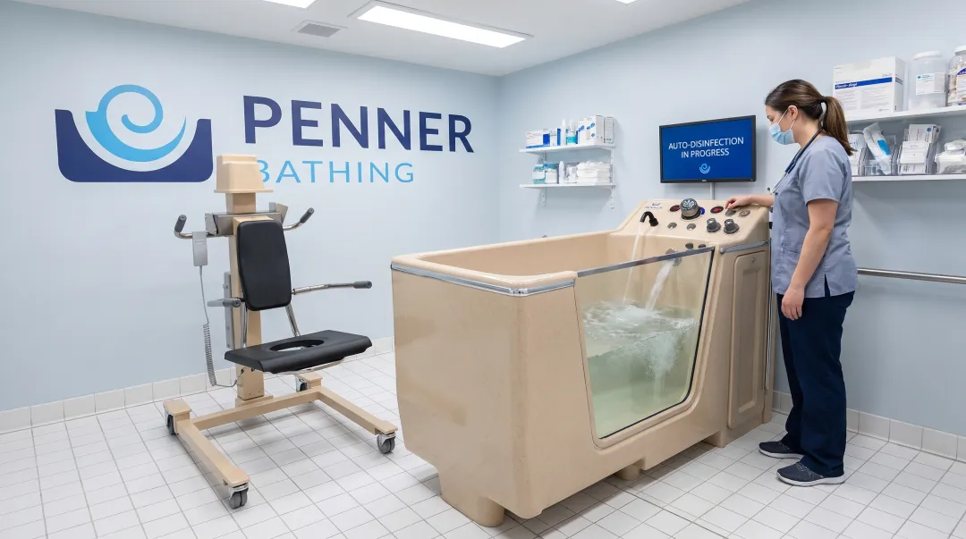 Healthcare-grade bathing system with automatic disinfection cycle in care facility