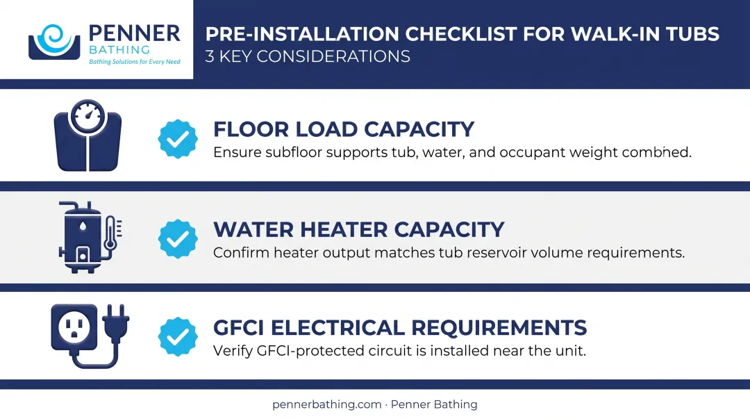 Walk-in tub installation checklist covering floor load water and electrical requirements