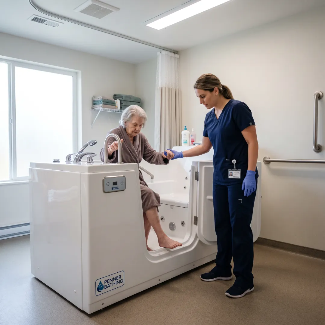 Caregiver assisting a senior resident in a long-term care facility's bathing suite