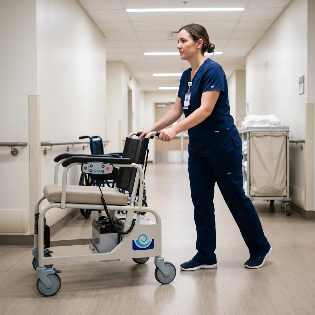 Patient being moved with a transfer chair in a hospital setting