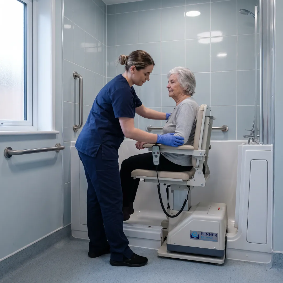 Patient being assisted into a bath using a transfer chair in a nursing home