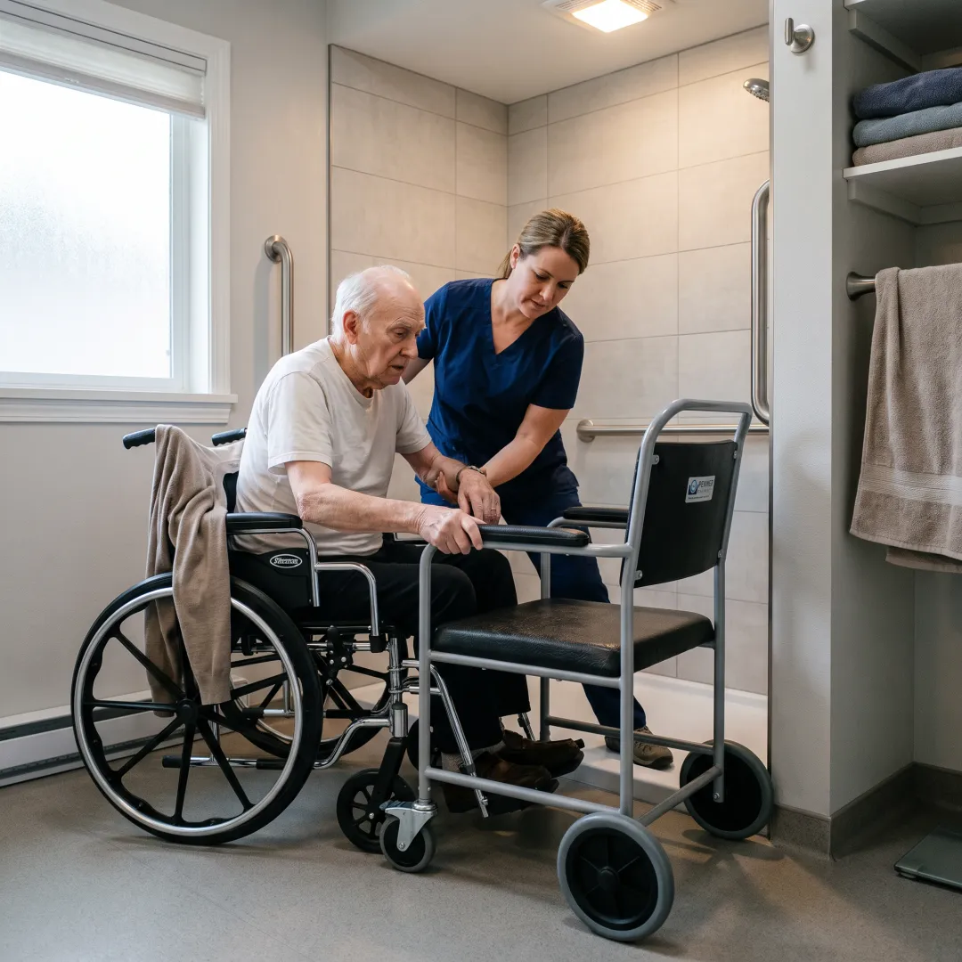 Caregiver assisting a person with a transfer chair in a home bathroom
