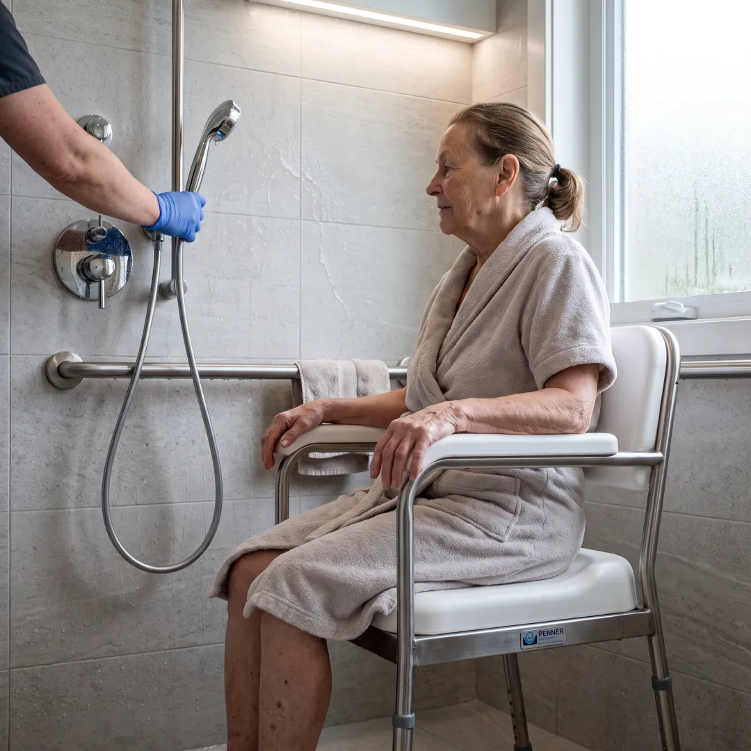 An assisted living resident using a shower commode chair