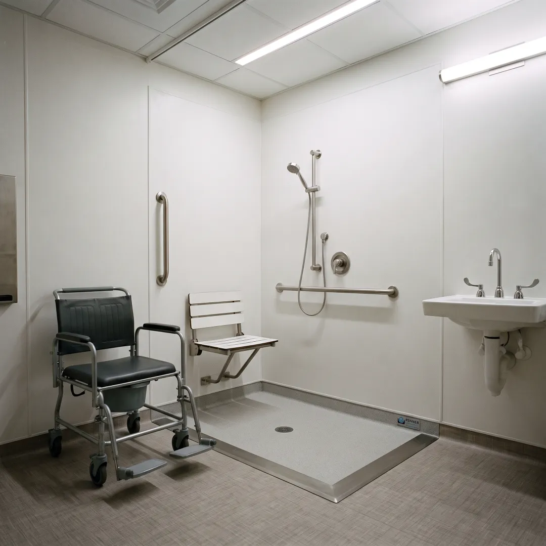 A clean and sterile hospital bathroom with a curbless shower.