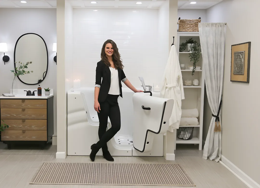 A stylish residential bathroom with a modern curbless shower.