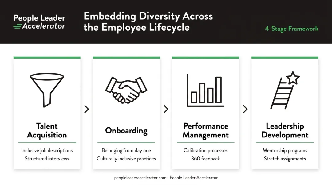 Diversity strategy embedded across four employee lifecycle stages from hiring to leadership development