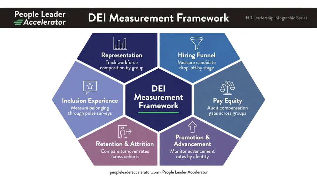 Six-category diversity measurement framework tracking representation hiring pay equity and inclusion
