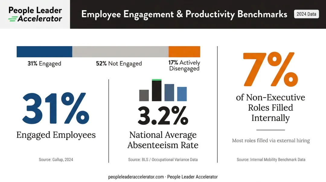 HR engagement absenteeism and internal mobility benchmark statistics comparison infographic
