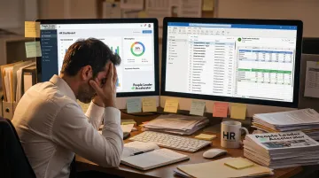 Exhausted HR professional at desk surrounded by paperwork and multiple open screens
