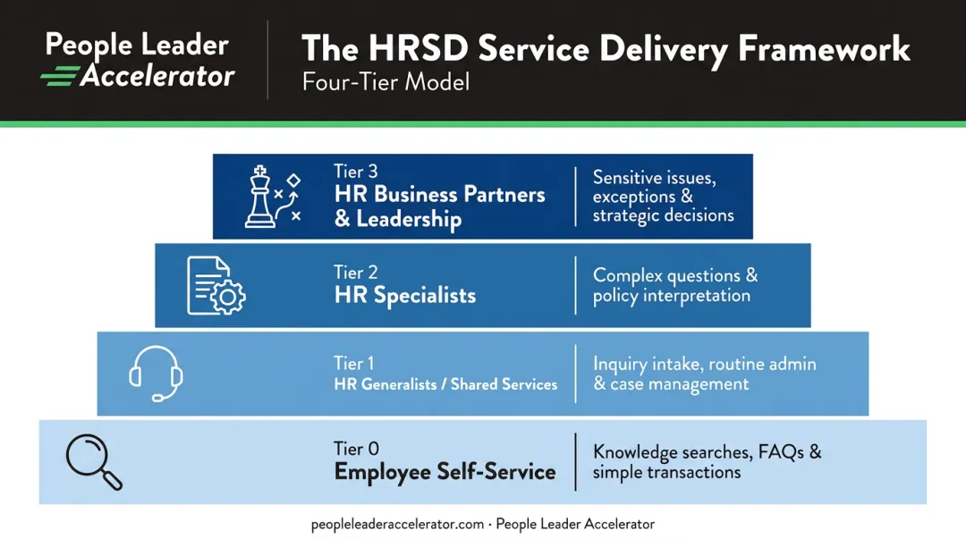 Four-tier HR service delivery model from self-service to strategic HR leadership