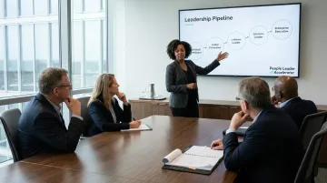 HR leader presenting talent pipeline roadmap to senior leadership team in boardroom