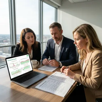 Franchise leaders reviewing HR strategy dashboards