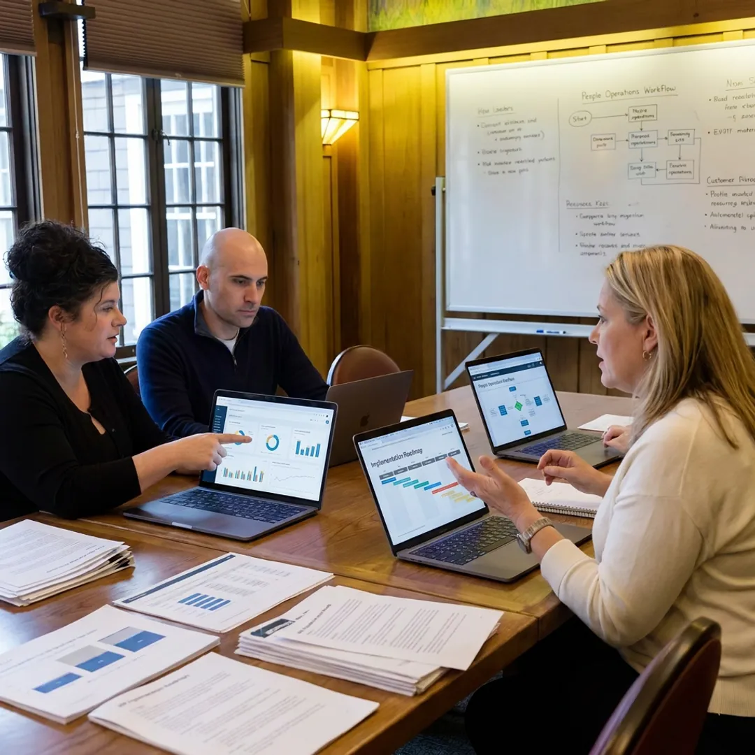 HR leaders reviewing an implementation roadmap