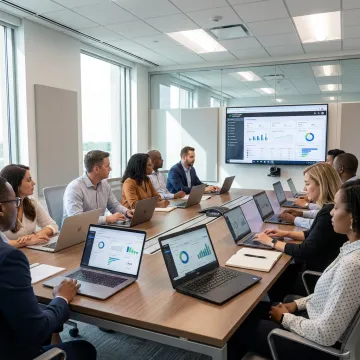 HR leaders reviewing analytics at a conference