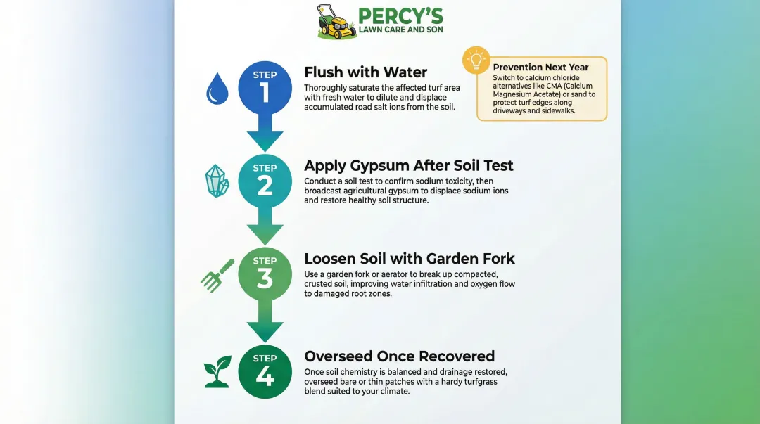 Four-step salt damaged lawn recovery process flush gypsum loosen overseed infographic