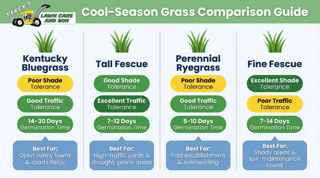 Buffalo cool-season grass types comparison chart shade traffic and germination time