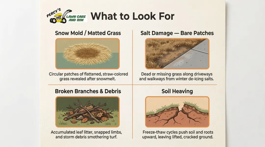 Four types of Buffalo winter lawn damage visual identification guide infographic