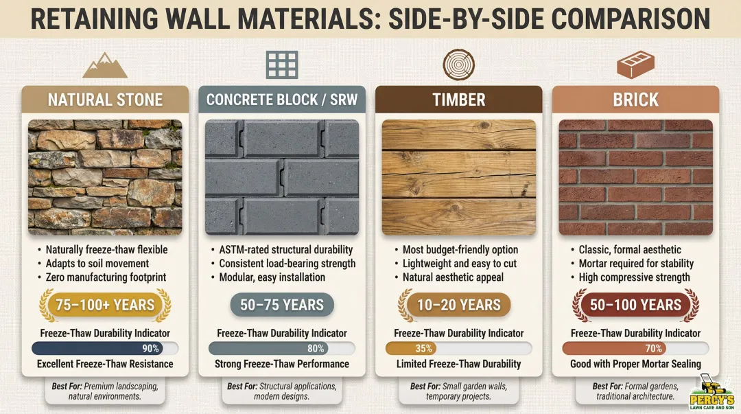 Retaining wall material comparison chart showing four options with pros cons and durability ratings