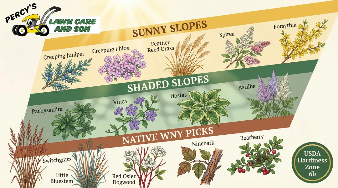 Buffalo Zone 6b slope plant selection guide showing sunny shaded and native plant categories