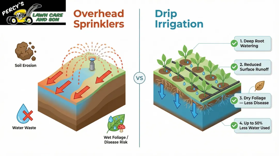 Drip irrigation versus overhead sprinkler comparison on sloped yard showing runoff and absorption differences
