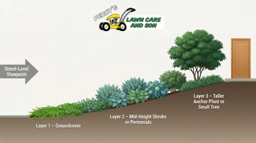 Three-layer slope planting design diagram showing groundcover shrub and anchor plant hierarchy