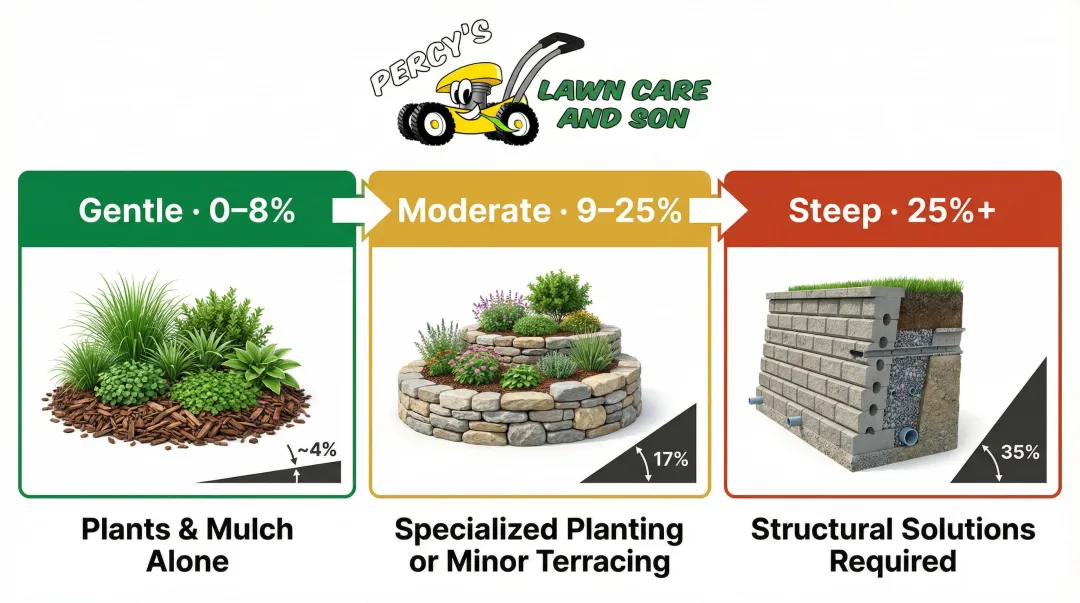 Three-tier slope grade classification chart from gentle to steep with recommended solutions