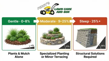 Three-tier slope grade classification chart from gentle to steep with recommended solutions