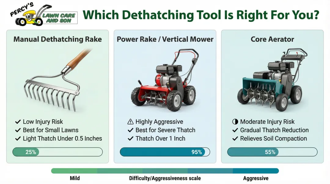 Three dethatching equipment options compared by aggressiveness and lawn suitability