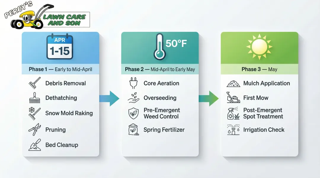 Buffalo spring lawn cleanup three-phase timeline from April through May