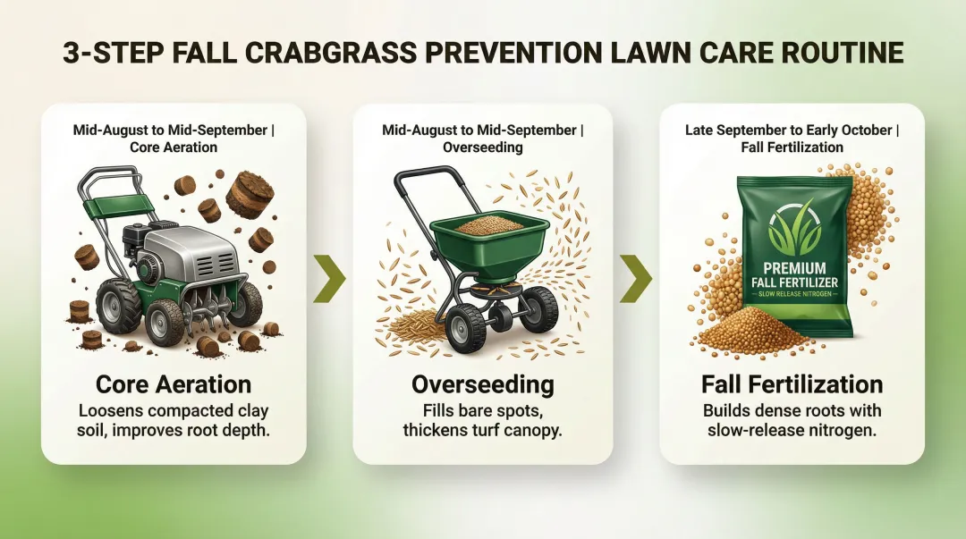 Fall lawn care process for long-term crabgrass prevention aeration overseeding fertilization steps