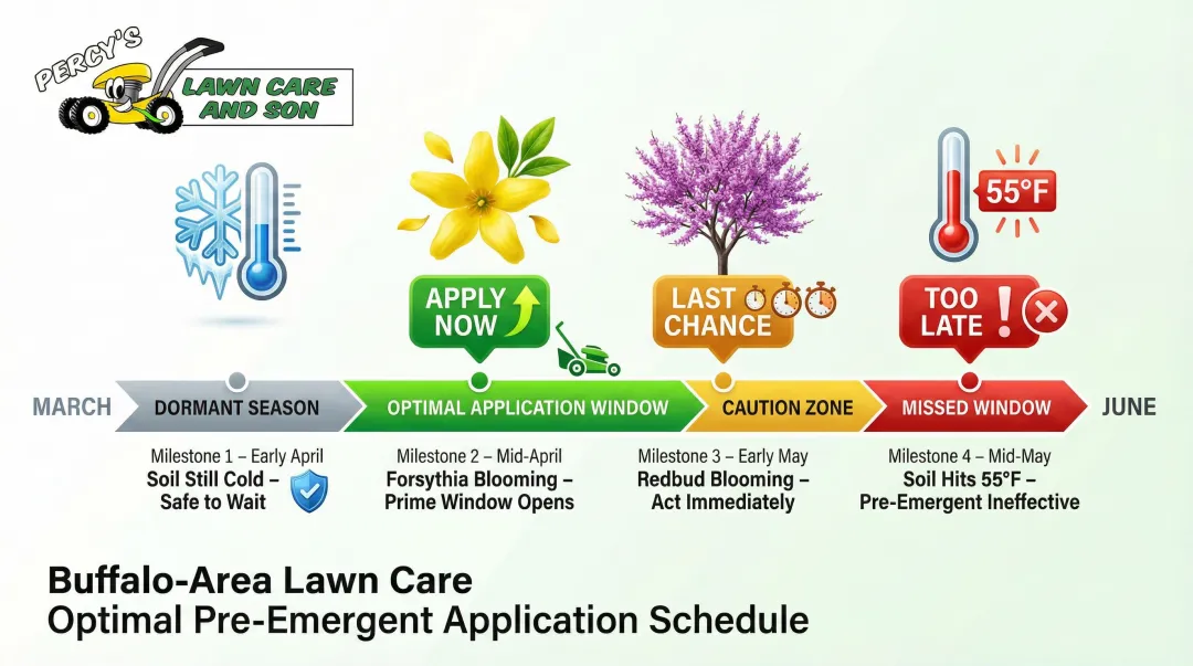 Buffalo NY crabgrass pre-emergent herbicide application timing calendar infographic
